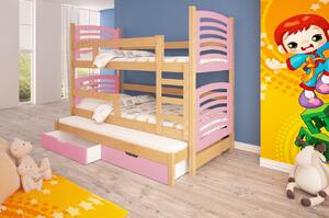 Dětská patrová postel pro tři KALA 2 - 75x180, borovice / růžová