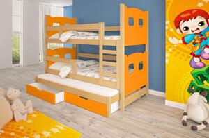Dětská patrová postel pro tři KALA 1 - 75x180, borovice / oranžová