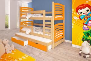 Dětská patrová postel pro tři KALA 2 - 75x180, borovice / oranžová