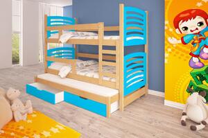 Dětská patrová postel pro tři KALA 2 - 75x180, borovice / modrá