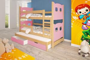 Dětská patrová postel pro tři KALA 1 - 75x180, borovice / růžová