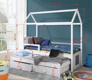 Dětská domečková postel z masivu borovice JONAS II s přistýlkou a šuplíky - 200x90 cm - šedá