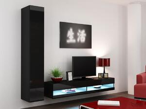 Stěna do obývacího pokoje s LED bílým osvětlením ASHTON N9 - černá / lesklá černá