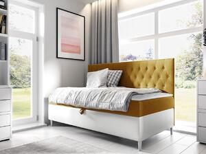 Boxspringová jednolůžková postel 90x200 PORFIRO 2 - bílá ekokůže / žlutá + topper ZDARMA