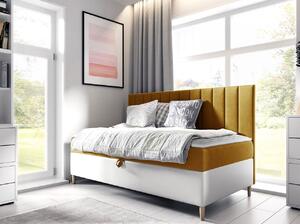 Kontinentální jednolůžková postel 100x200 ROCIO 2 - bílá ekokůže / žlutá + topper ZDARMA