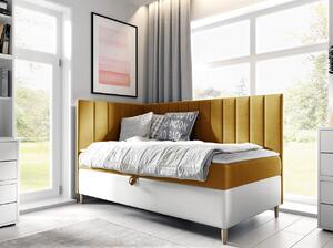 Boxspringová jednolůžková postel 80x200 ROCIO 3 - bílá ekokůže / žlutá, levé provedení + topper ZDARMA