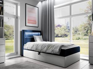 Kontinentální jednolůžková postel 90x200 RAMIRA 1 - bílá ekokůže / modrá 1, levé provedení + topper ZDARMA