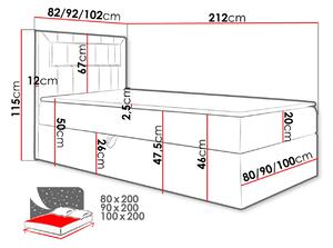 Kontinentální jednolůžková postel 80x200 RAMIRA 1 - bílá ekokůže / červená, levé provedení + topper ZDARMA