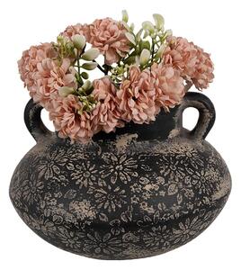 Černo-šedý keramický obal na květináč/ váza s uchy a květy - Ø 21*13 cm