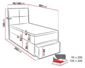 Jednolůžková boxspringová postel 90x200 LUGAU - šedá, pravé provedení + topper ZDARMA