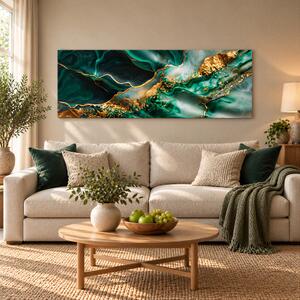 Obraz na plátně - Emeraldové pozlacené vlnky FeelHappy.cz Rozměr obrazu (Šířka x Výška): 240 x 80 cm