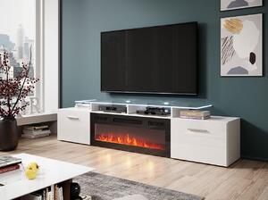 TV stolek s elektrickým krbem OKEMIA - bílý / lesklý bílý + LED osvětlení ZDARMA