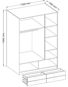 Šatní třídveřová skříň CRUELLA - šířka 135 cm, dub lefkas