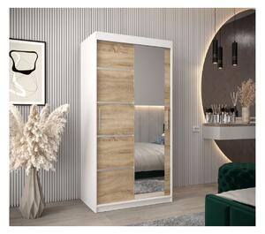 Šatní zrcadlová skříň ADELA - 100 cm, bílá / dub sonoma