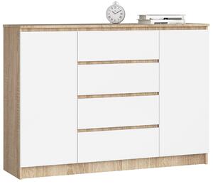 Ak furniture Komoda Kryštof 140 cm 2 skříňky a 4 šuplíky dub sonoma/bílá