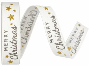 Stuha vánoční MERRY CHRISTMAS SCRIPT WHITE bílá 25mm x 3m (5,-Kč/m)