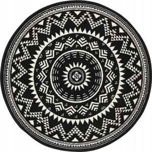 Kulatý moderní koberec do obývacího pokoje, černý a krémový vzor MANDALA, 140 Cm