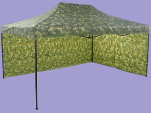 Nůžkový stan 3x4,5m ocelový, 2 boční plachty, Maskáčová