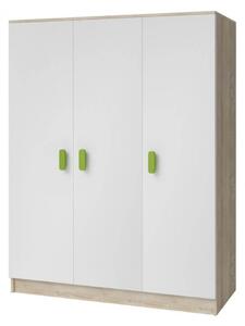 Třídveřová šatní skříň do dětského pokoje SVEN 3, bílá + dub sonoma, úchytky - šířka 120 cm, zelená