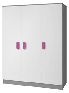 Třídveřová šedobílá šatní skříň do dětského pokoje SVEN 2, úchytky - šířka 120 cm, růžová