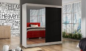Jednoduchá šatní skříň 200 BULAN I, bílá s černými dveřmi a zrcadlem
