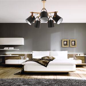 Light for home - Lustr 60404 "RIONI" v černém provedení s dřevěnými prvky, koženými řemínky a bílými stínítky, 4x40W, E27, černá, přírodní olše, černá kůže