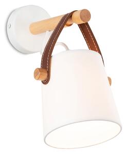 Light for home - Bílé nástěnné svítidlo s koženým řemínkem a stínítkem 60201 "RIONI", 1x40W, E27, bílá, přírodní olše, hnědá kůže