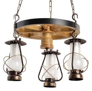 Light for home - Závěsný lustr na řetězu 9403 "TAVERN", 3x60W, E27, černá, hnědá, přírodní borovice