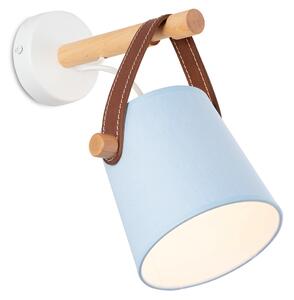 Light for home - Nástěnné svítidlo se světle modrým stínítkem a originálním koženým řemínkem 60201 "RIONI", 1x40W, E27, bílá, přírodní olše, hnědá kůže