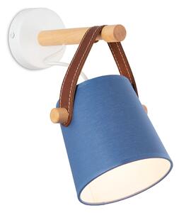 Light for home - Nástěnné svítidlo s modrým stínítkem a s originálním koženým řemínkem 60201 "RIONI", 1x40W, E27, bílá, přírodní olše, hnědá kůže
