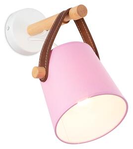 Light for home - Nástěnné svítidlo s růžovým stínítkem 60201 "RIONI", 1x40W, E27, bílá, přírodní olše, hnědá kůže
