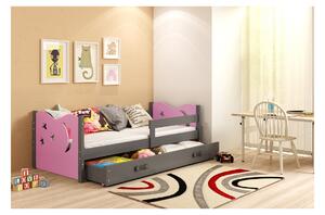 Dětská postel s úložným prostorem s matrací 80x160 LAZORA - grafit / růžová