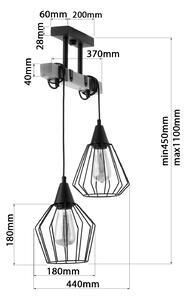 Light for home - Závěsné svítidlo na lankách 20933 "CAMEROON", 2x60W, E27, černá, přírodní olše