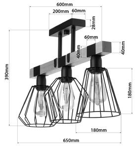 Light for home - Lustr přisazený ke stropu na tyči 20966 "CAMEROON", 3x60W, E27, černá, přírodní olše