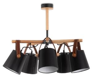 Light for home - Lustr na tyči s dřevěnými prvky a koženými řemínky 60405 "RIONI", 5x40W, E27, černá, přírodní olše, hnědá kůže