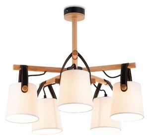 Light for home - Lustr na tyči s dřevěnými prvky, koženými řemínky a bílými stínítky 60405 "RIONI", 5x40W, E27, černá, přírodní olše, černá kůže