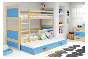Dětská patrová postel s přistýlkou a matracemi 80x160 FERGUS - borovice / modrá