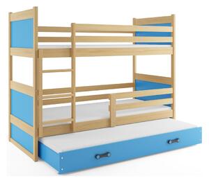 Dětská patrová postel s přistýlkou bez matrací 80x160 FERGUS - borovice / modrá
