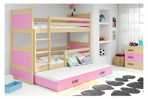 Dětská patrová postel s přistýlkou bez matrací 80x160 FERGUS - borovice / růžová