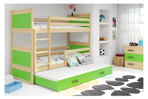 Dětská patrová postel s přistýlkou bez matrací 80x160 FERGUS - borovice / zelená