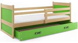 Dětská postel s úložným prostorem s matrací 90x200 FERGUS - borovice / zelená