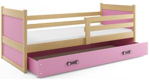 Dětská postel s úložným prostorem s matrací 90x200 FERGUS - borovice / růžová