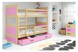 Dětská patrová postel s úložným prostorem s matracemi 90x200 FERGUS - borovice / růžová