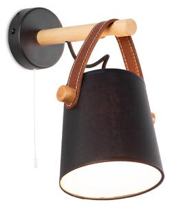 Light for home - Nástěnné svítidlo s integrovaným šňůrovým vypínačem. 40922 "RIONI", 1x40W, E27, černá, přírodní olše, hnědá kůže