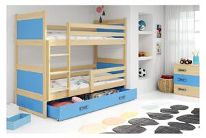 Dětská patrová postel s úložným prostorem s matracemi 90x200 FERGUS - borovice / modrá