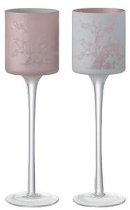 2ks růžový a modrý skleněný svícen na úzké noze na čajovou svíčku Sakura - Ø 7*25 cm