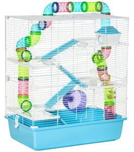 PawHut Malá klec pro domácí zvířata s rampou a kolem - 5 úrovní, klec pro hlodavce, misku na krmení, láhev na vodu, ocelová síť, plast PS, světle modr