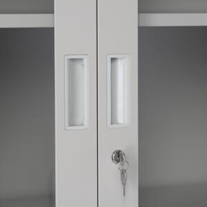 Univerzální kovová skříň s dělenými dveřmi, 90 x 40 x 185 cm, cylindrický zámek, světle šedá - ral 7035