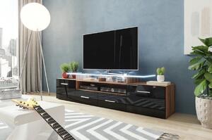 TV stolek s LED bílým osvětlením SOBRAL - švestka / lesklý černý