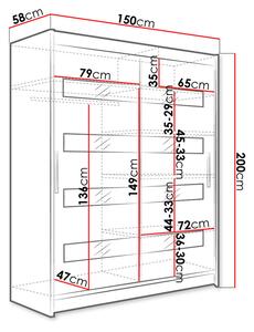 Šatní skříň 150 cm s lakovaným sklem a LED osvětlením ELADIO 4 - černá / bílá